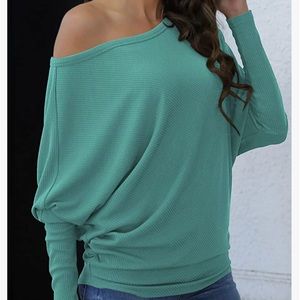 NWT!! Blue-Green Off-the-Shoulder Ribbed Sweater, Size Small